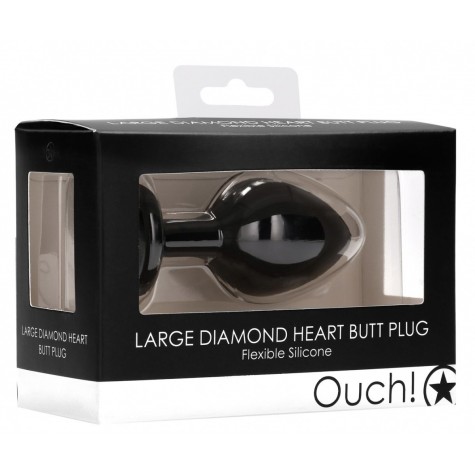 Черная анальная пробка с прозрачным стразом Large Ribbed Diamond Heart Plug - 8 см.